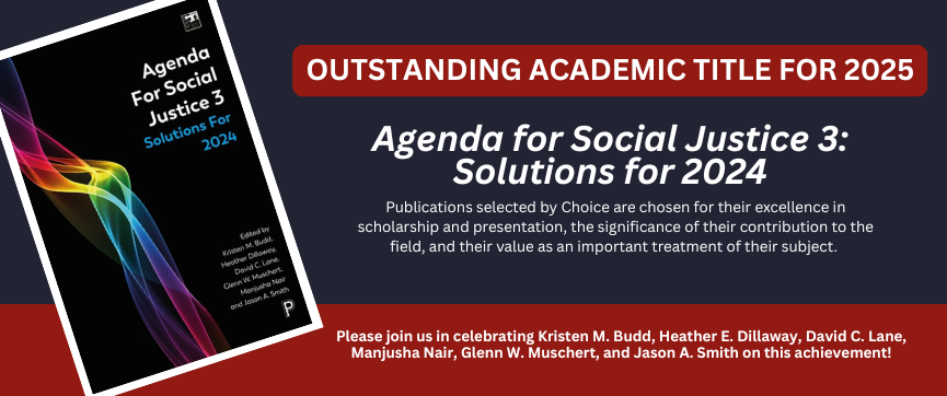 Website Outstanding Title 2025. cover of agenda for social justice 3 with blue and red background with white text describing award.